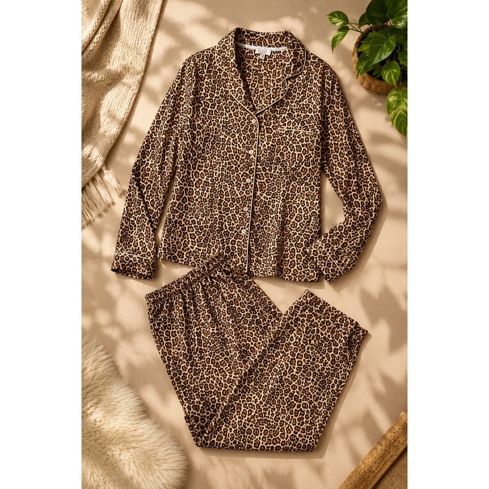 Jones New York Leopard Print Pajama Set Button Front Lounge Sleepwear M